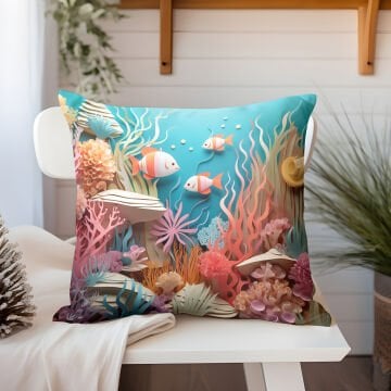 3D Deniz Temalı Kırlent Paneli Dikilmemiş Kumaş