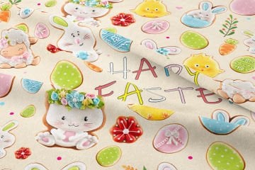 Happy Easter- Paskalya Yumurtaları ve Sevimli Tavşan Kurabiyeler Desenli Tasarım Kumaş