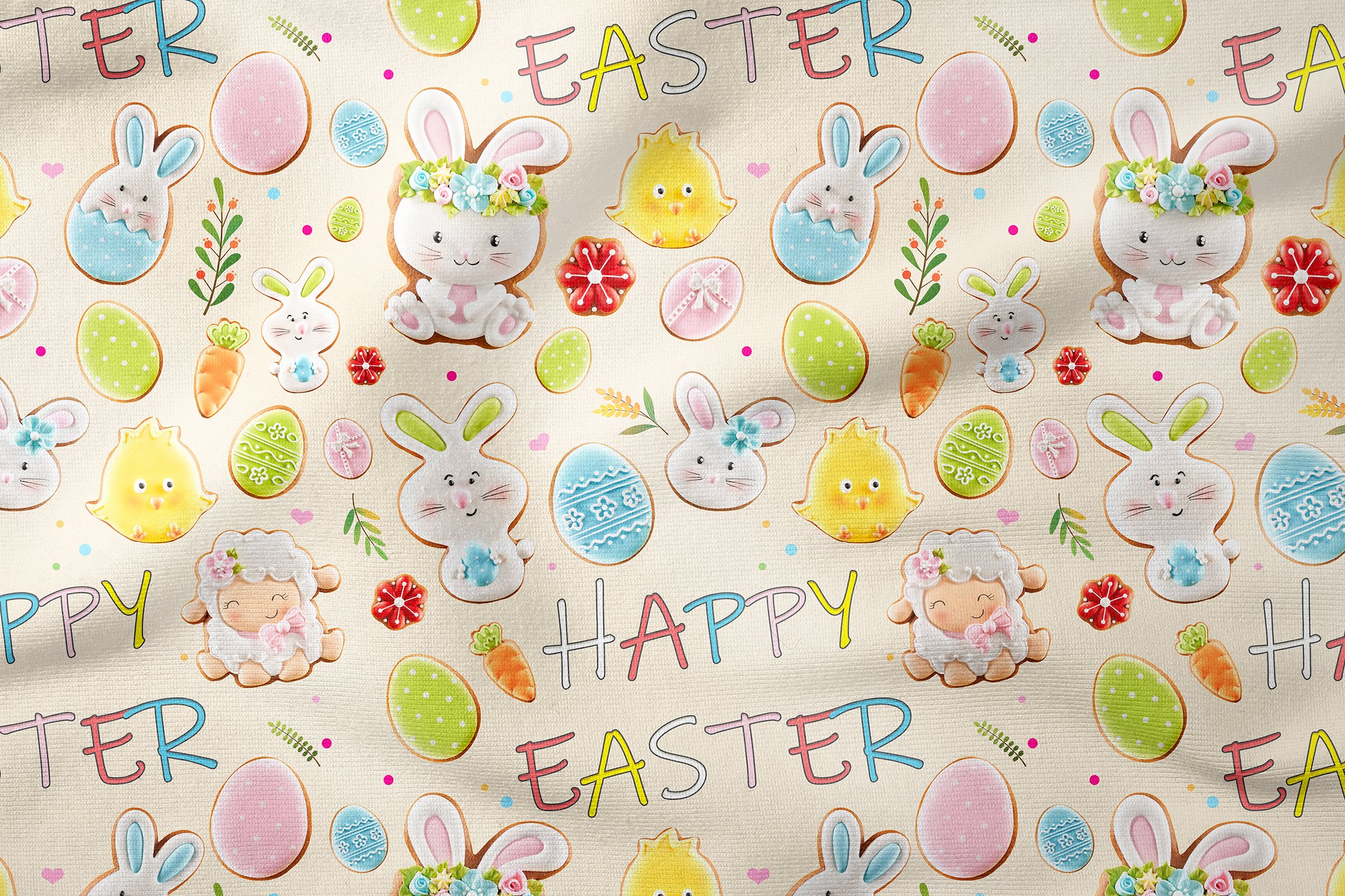 Happy Easter- Paskalya Yumurtaları ve Sevimli Tavşan Kurabiyeler Desenli Tasarım Kumaş