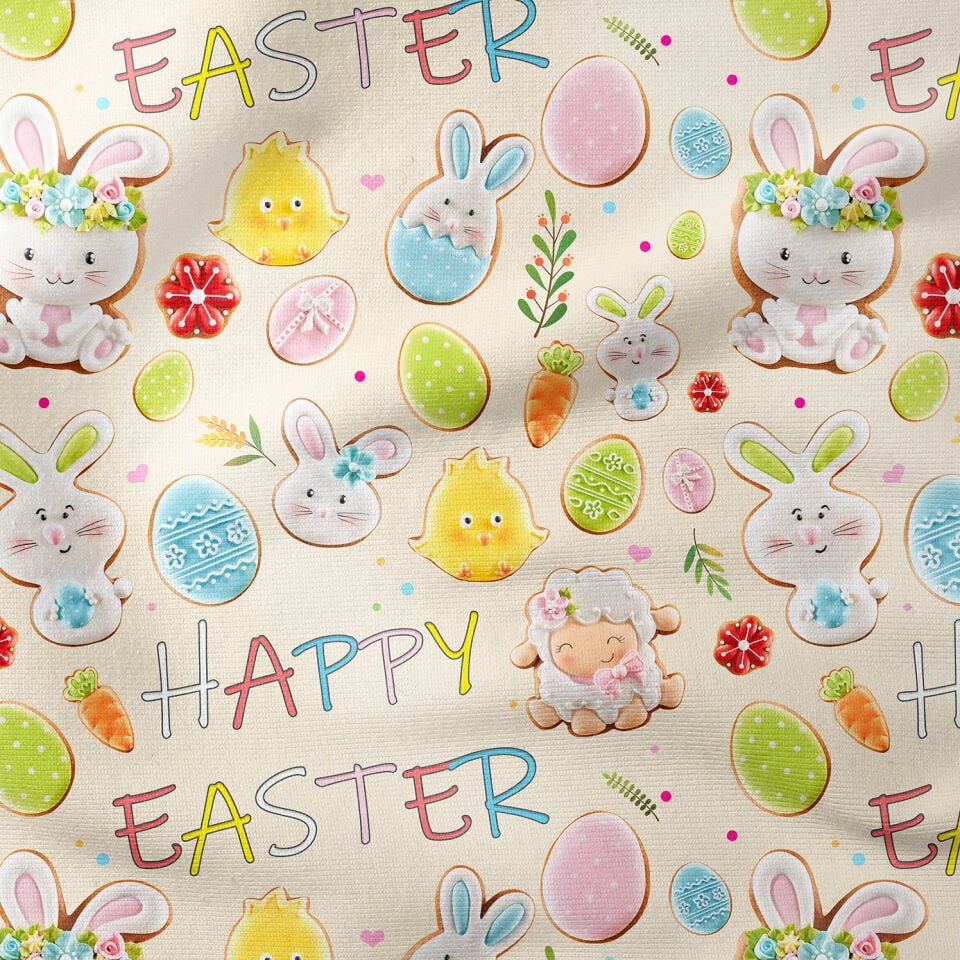 Happy Easter- Paskalya Yumurtaları ve Sevimli Tavşan Kurabiyeler Desenli Tasarım Kumaş