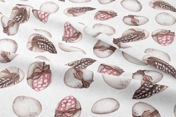 Happy Easter- Paskalya Boho Kumaş, Soft Renkler Kuş Tüyü ve kurdele ile Süslü Paskalya Yumurtaları Desenli TasarımKumaş