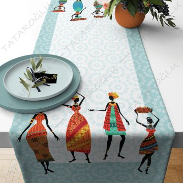 50 cm'lik Runner Çiçekli Zemn Üzerine Afrikalı Kızlar Desenli Kumaş