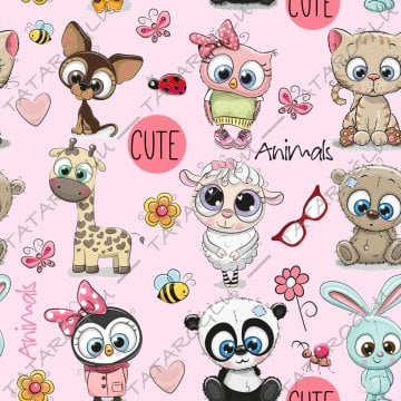 Pembe Zemin Üzerine Şirin Karışık Hayvan Desenli Kumaş