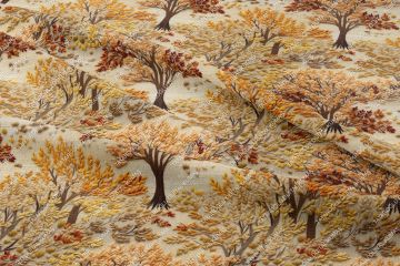 3D Sonbahar Krem Zeminli Nakış Çiçekli Yapraklı Dekoratif Dijital Baskı Kumaş