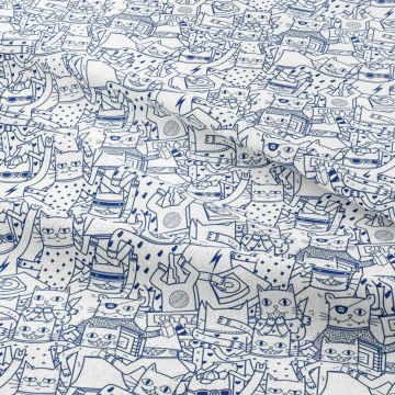 Mavi Çizgili Eğlenceli Kediler Desenli Kumaş