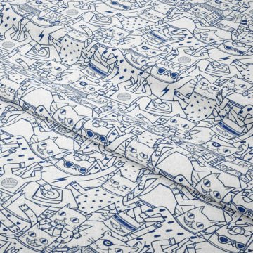 Mavi Çizgili Eğlenceli Kediler Desenli Kumaş