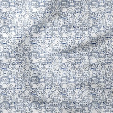 Blue Striped Fun Cats Patterned Fabric