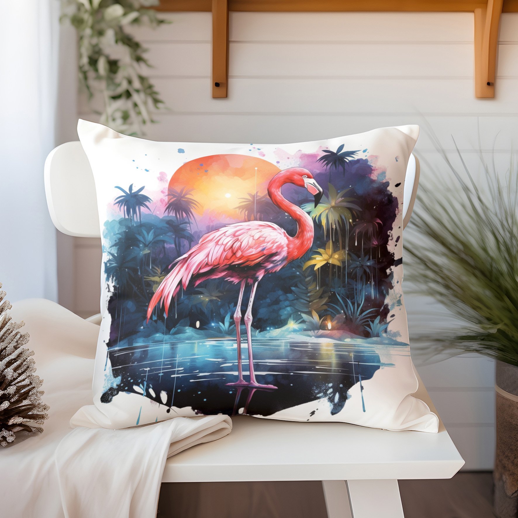 3D Flamingo Temalı Kırlent Paneli Dikilmemiş Kumaş