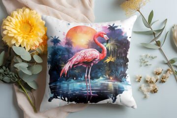 3D Flamingo Temalı Kırlent Paneli Dikilmemiş Kumaş