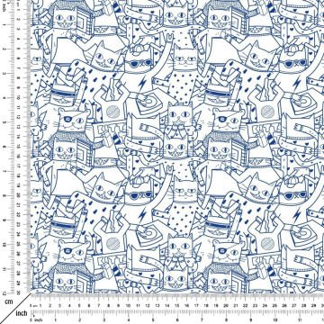 Mavi Çizgili Eğlenceli Kediler Desenli Kumaş