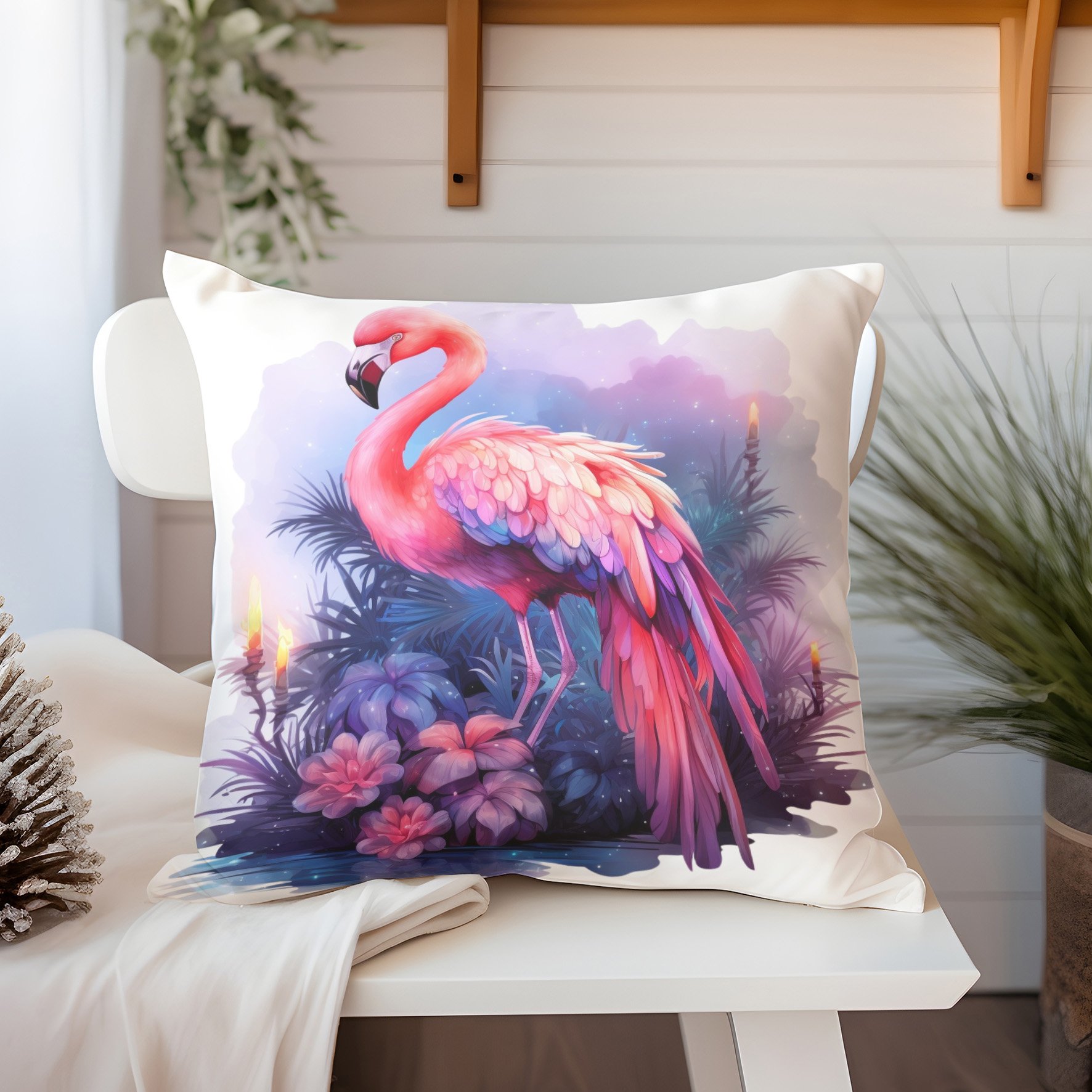 3D Flamingo Temalı Kırlent Paneli Dikilmemiş Kumaş