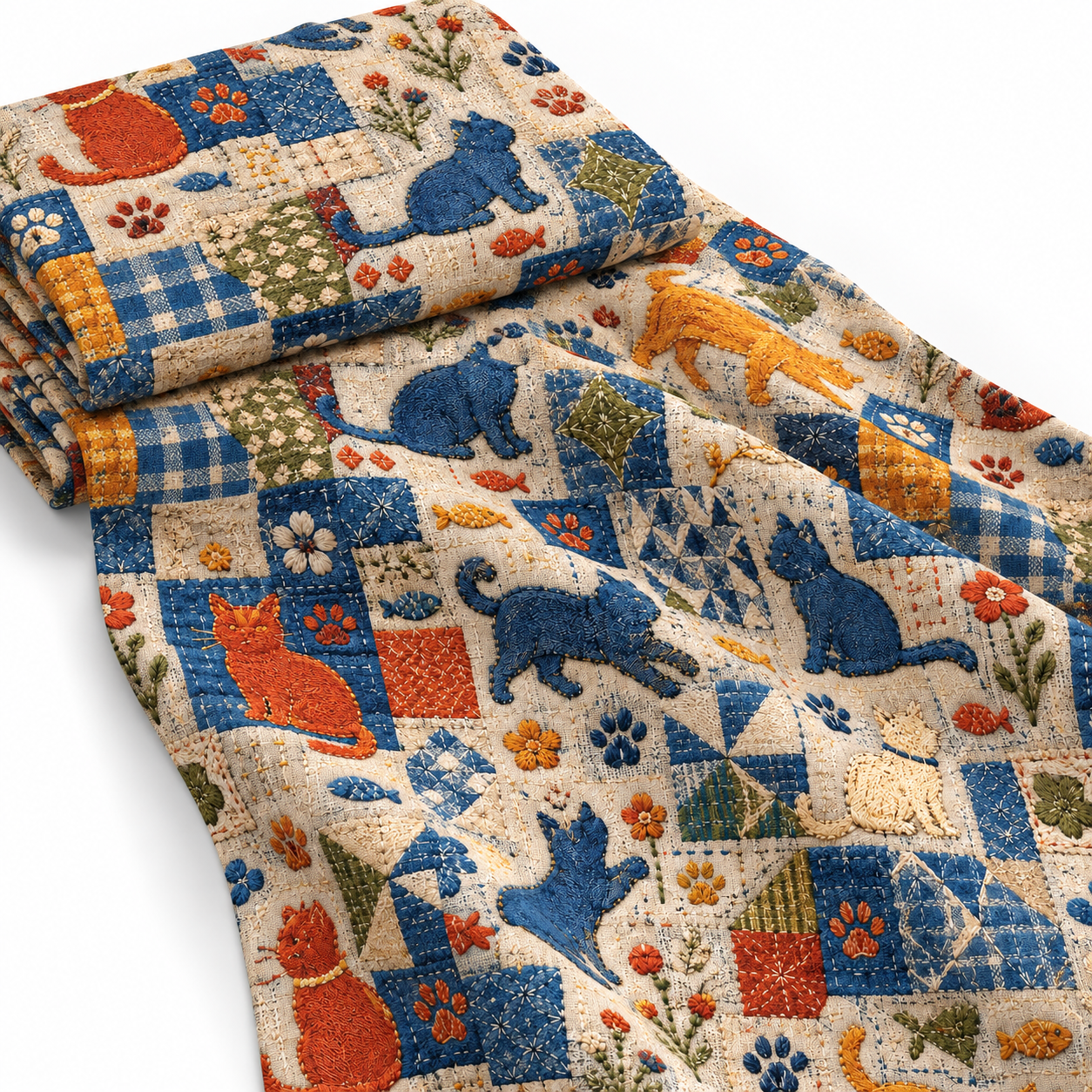 Kedi Desenli Patchwork Kumaş – Vintage Kırkyama | D-LEG-1990