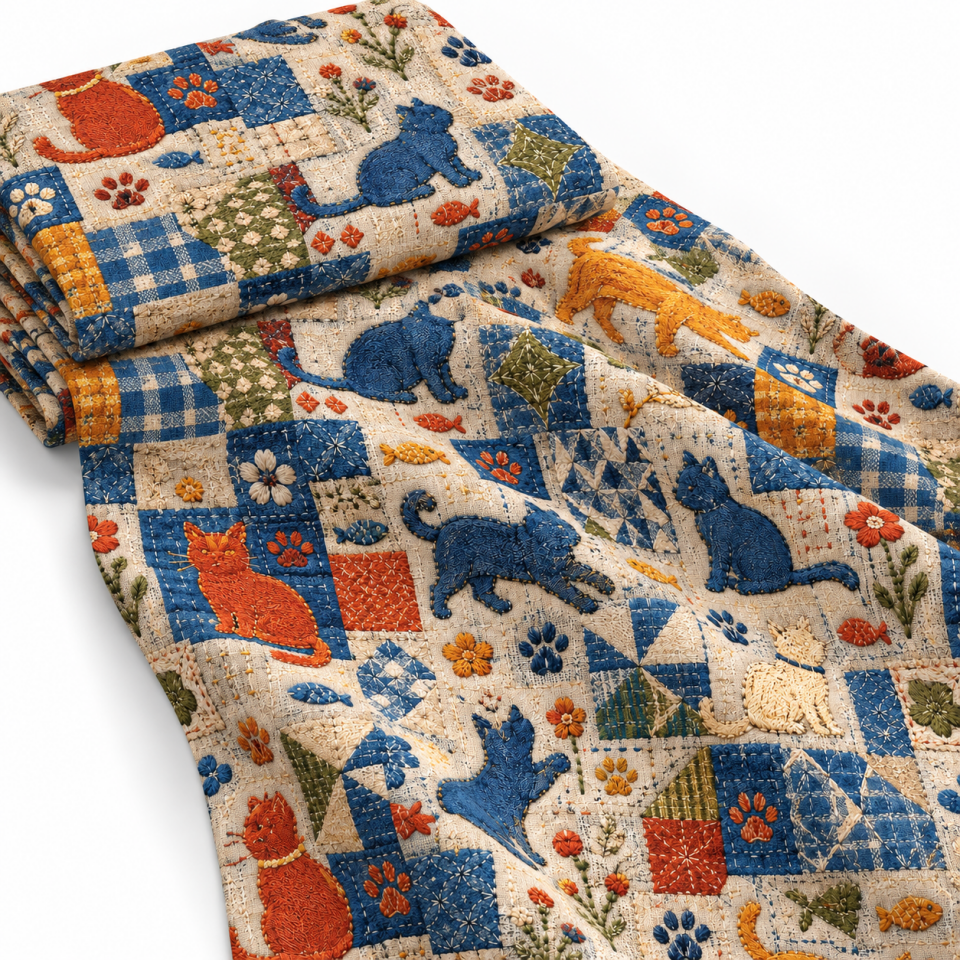 Kedi Desenli Patchwork Kumaş – Vintage Kırkyama | D-LEG-1990