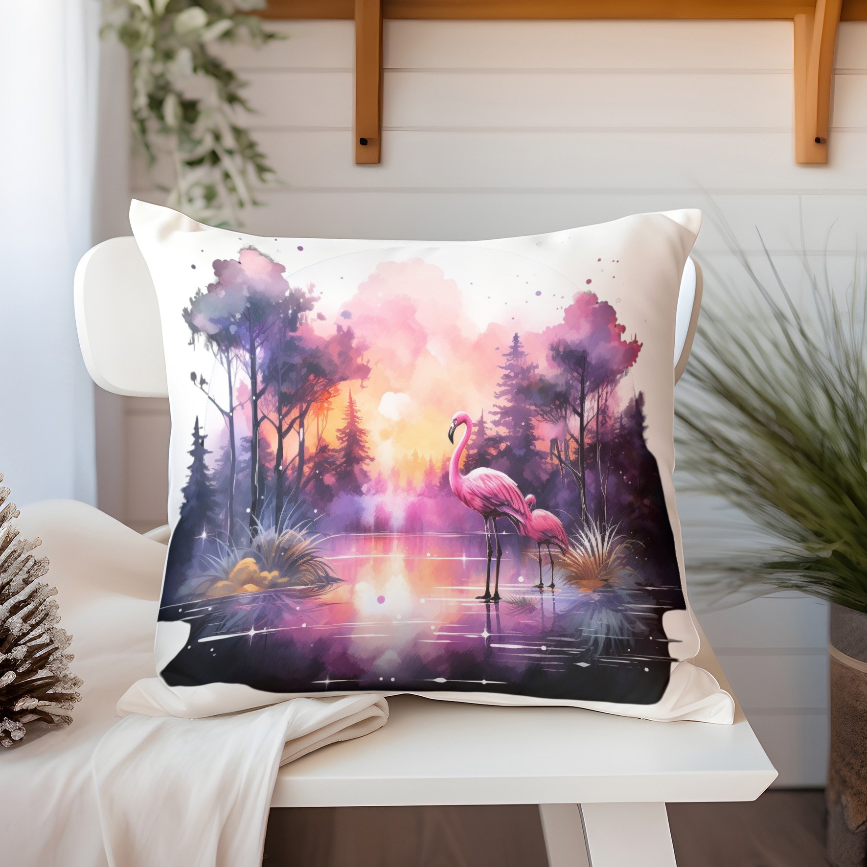 3D Flamingo Temalı Kırlent Paneli Dikilmemiş Kumaş