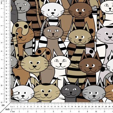 Kahve Gri Tonlu Kedi Desenli Kumaş