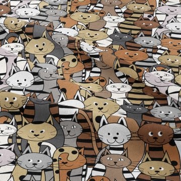 Kahve Gri Tonlu Kedi Desenli Kumaş
