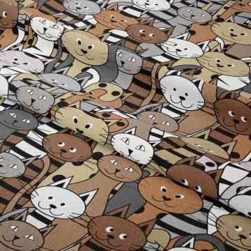 Kahve Gri Tonlu Kedi Desenli Kumaş