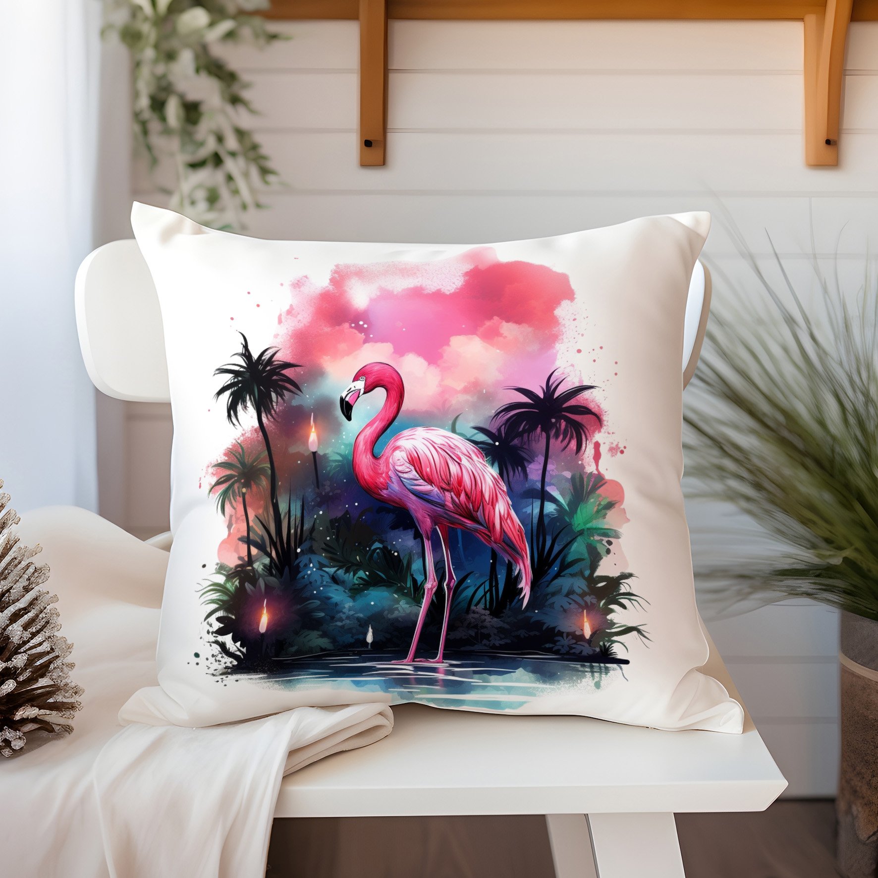 3D Flamingo Temalı Kırlent Paneli Dikilmemiş Kumaş