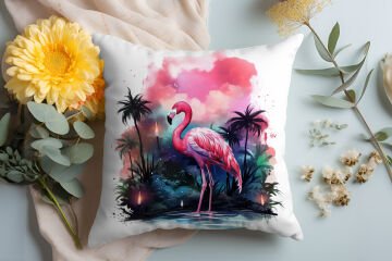 3D Flamingo Temalı Kırlent Paneli Dikilmemiş Kumaş