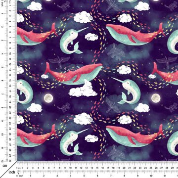 Mor Zeminli Bulutlar Arasında Küçük Balıklar ve Yunus Desenli Kumaş