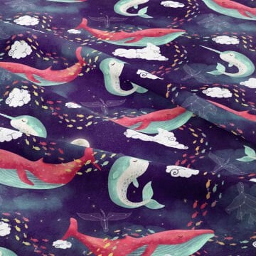 Mor Zeminli Bulutlar Arasında Küçük Balıklar ve Yunus Desenli Kumaş