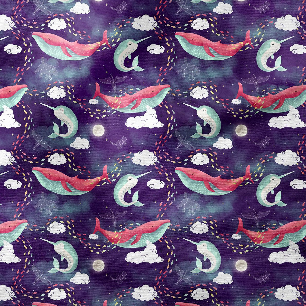 Mor Zeminli Bulutlar Arasında Küçük Balıklar ve Yunus Desenli Kumaş