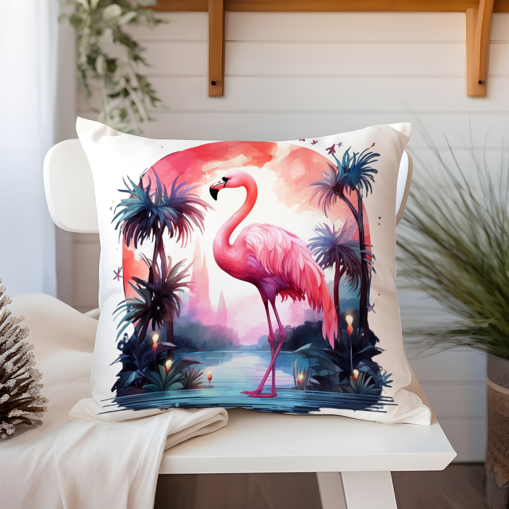 3D Flamingo Temalı Kırlent Paneli Dikilmemiş Kumaş