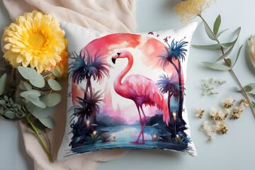 3D Flamingo Temalı Kırlent Paneli Dikilmemiş Kumaş