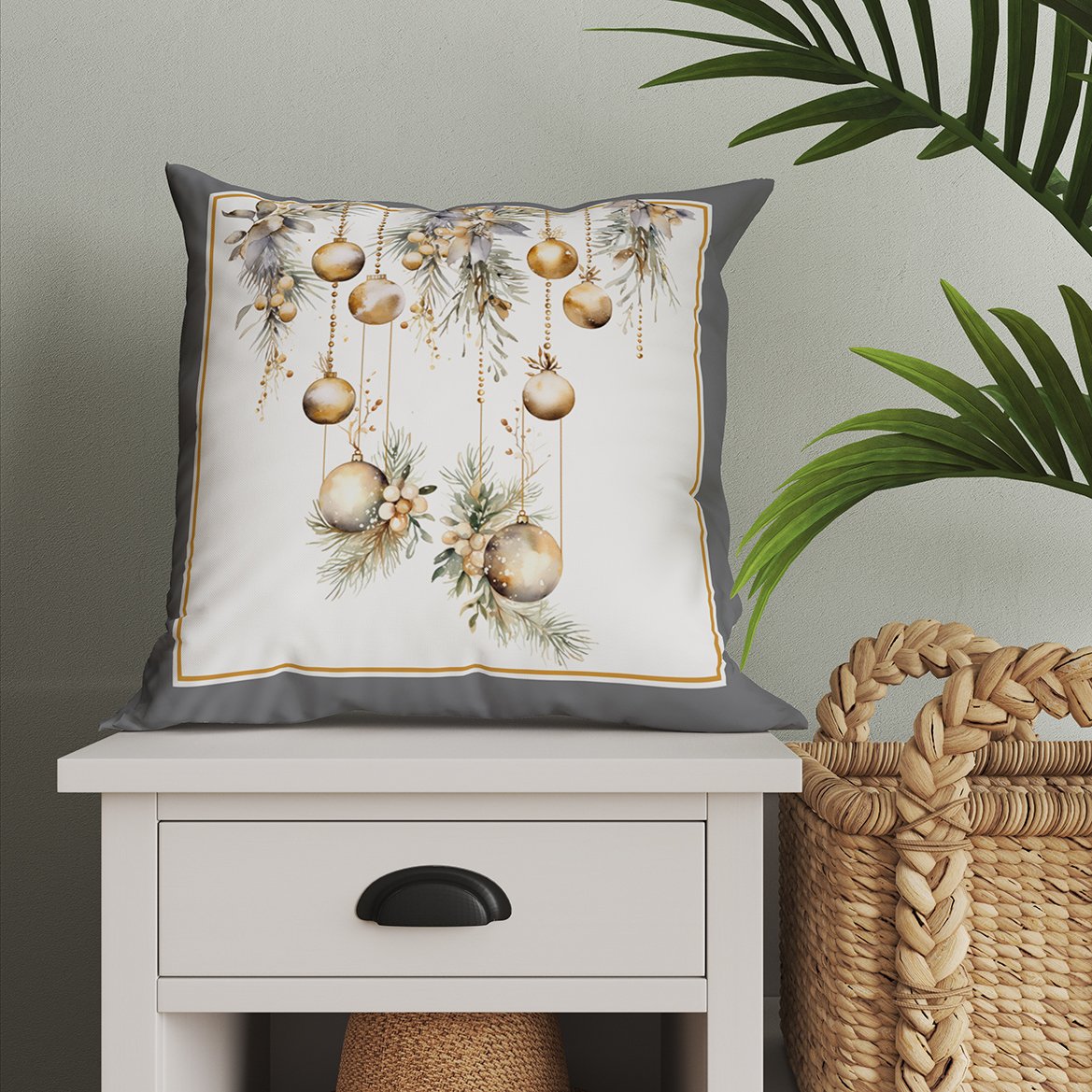 Yılbaşı Koleksiyonu- Grili Yılbaşı Süslü 2'li Kumaş Kırlent Paneli Dikilmemiş