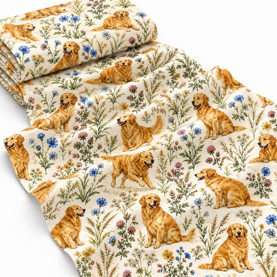 Golden Retriever Desenli Kumaş – Çiçekli Köpek Kumaşı D-LEG-1992