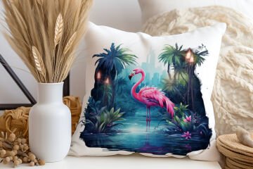 3D Flamingo Temalı Kırlent Paneli Dikilmemiş Kumaş