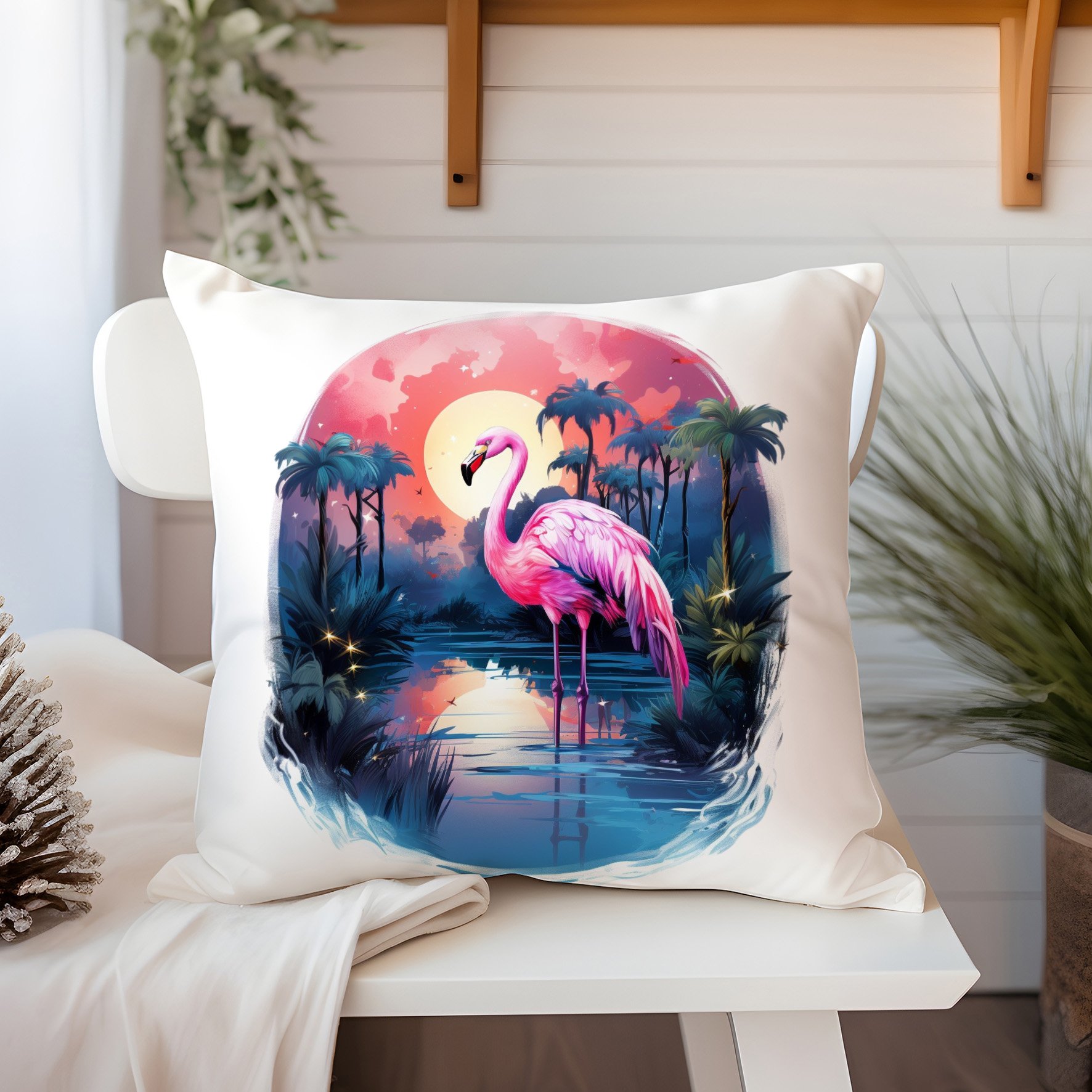 3D Flamingo Temalı Kırlent Paneli Dikilmemiş Kumaş