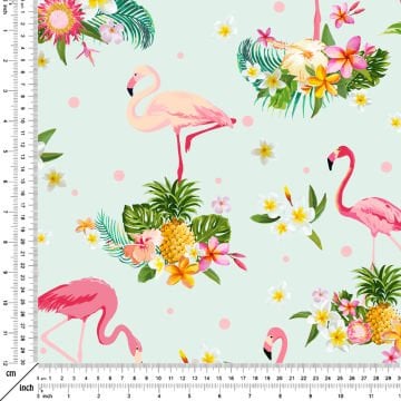Tropikal Serisi-Su Yeşili Tropikal Ananaslı Çiçekli Flamingo Desenli Kumaş