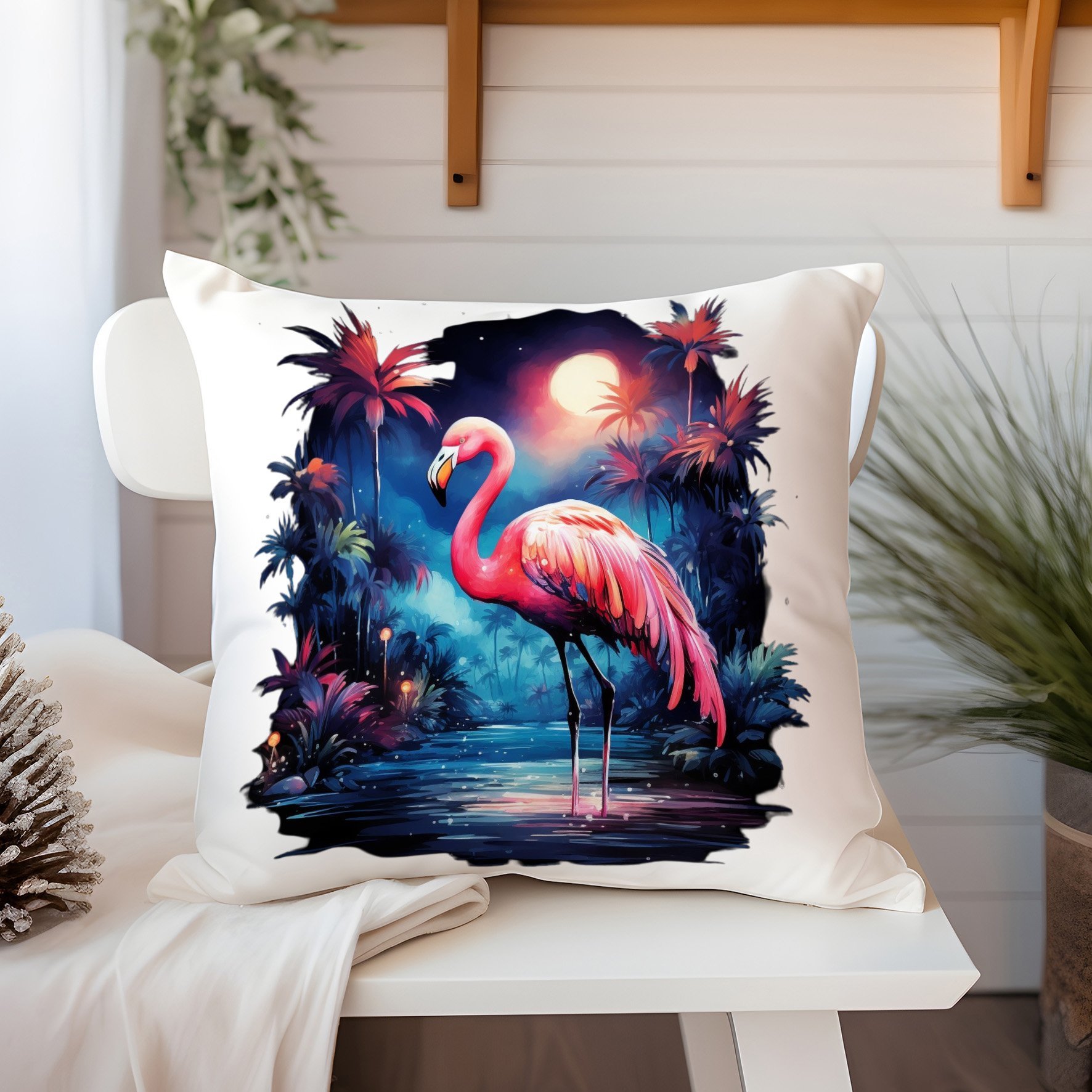 3D Flamingo Temalı Kırlent Paneli Dikilmemiş Kumaş