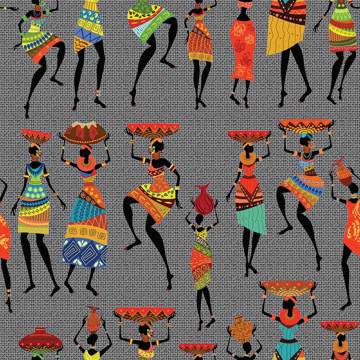Afrikalı Dansçı Kızlar ve Jüt Efektli Zemini Dijital Baskılı Kumaş Afrikalı Kızlar