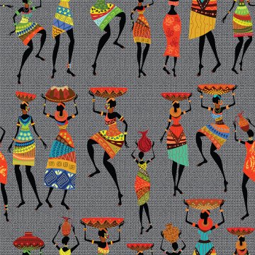 Afrikalı Dansçı Kızlar ve Jüt Efektli Zemini Dijital Baskılı Kumaş Afrikalı Kızlar