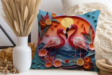 3D Flamingo Temalı Kırlent Paneli Dikilmemiş Kumaş