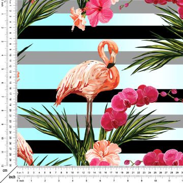 Tropikal Serisi-Siyah Gri Mavi Çizgili Zemin Üzerine Çiçekli Flamingo Desenli Kumaş