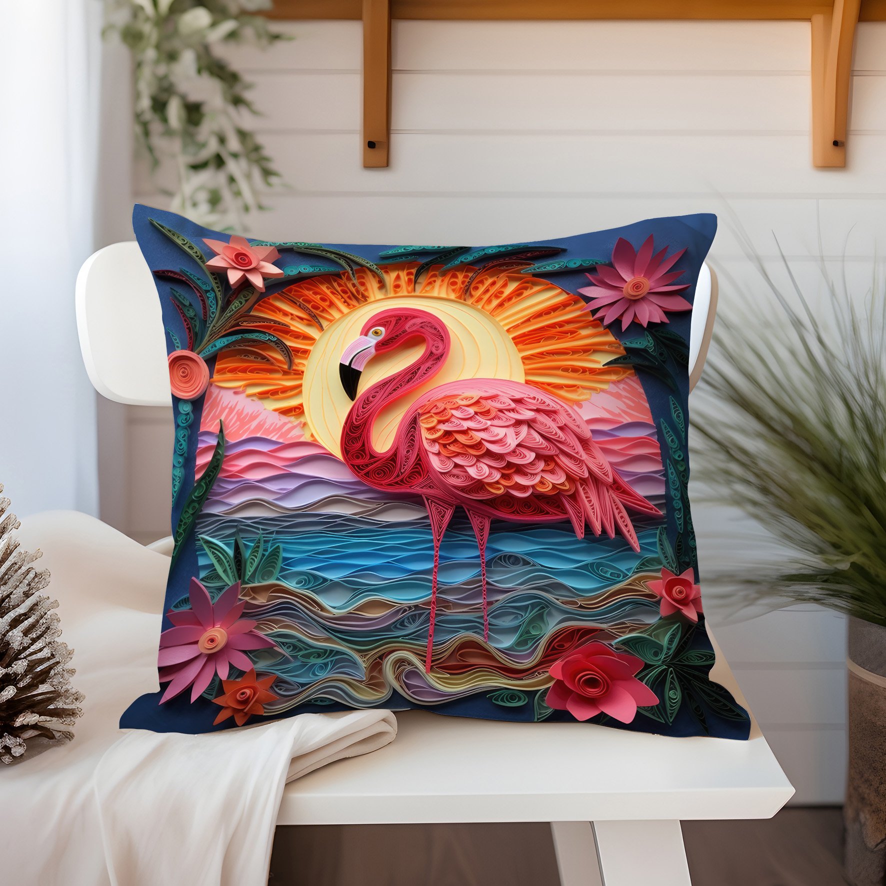 3D Flamingo Temalı Kırlent Paneli Dikilmemiş Kumaş