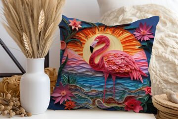 3D Flamingo Temalı Kırlent Paneli Dikilmemiş Kumaş