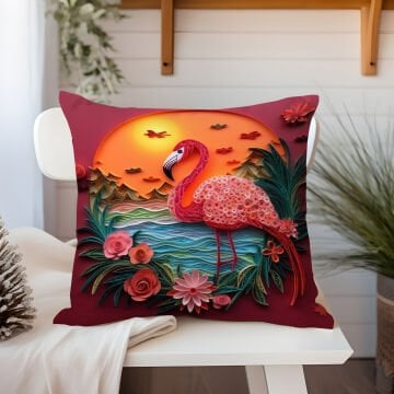 3D Flamingo Temalı Kırlent Paneli Dikilmemiş Kumaş