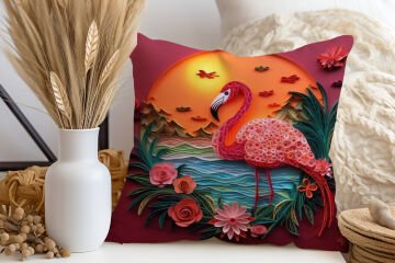 3D Flamingo Temalı Kırlent Paneli Dikilmemiş Kumaş