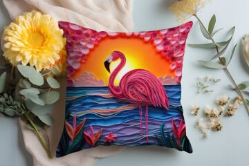 3D Flamingo Temalı Kırlent Paneli Dikilmemiş Kumaş