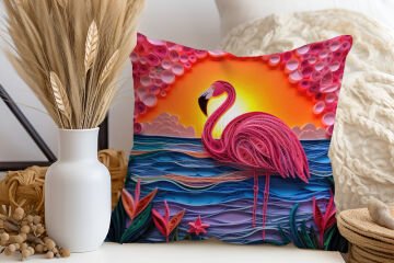 3D Flamingo Temalı Kırlent Paneli Dikilmemiş Kumaş