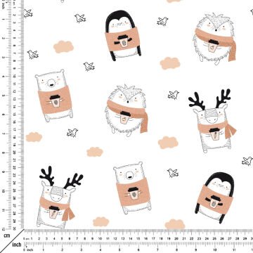 Sevimli Kahve İçen Penguen, Geyik, Kirpi, Ayı Desenli Kumaş