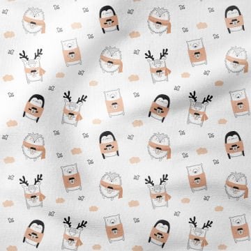 Sevimli Kahve İçen Penguen, Geyik, Kirpi, Ayı Desenli Kumaş
