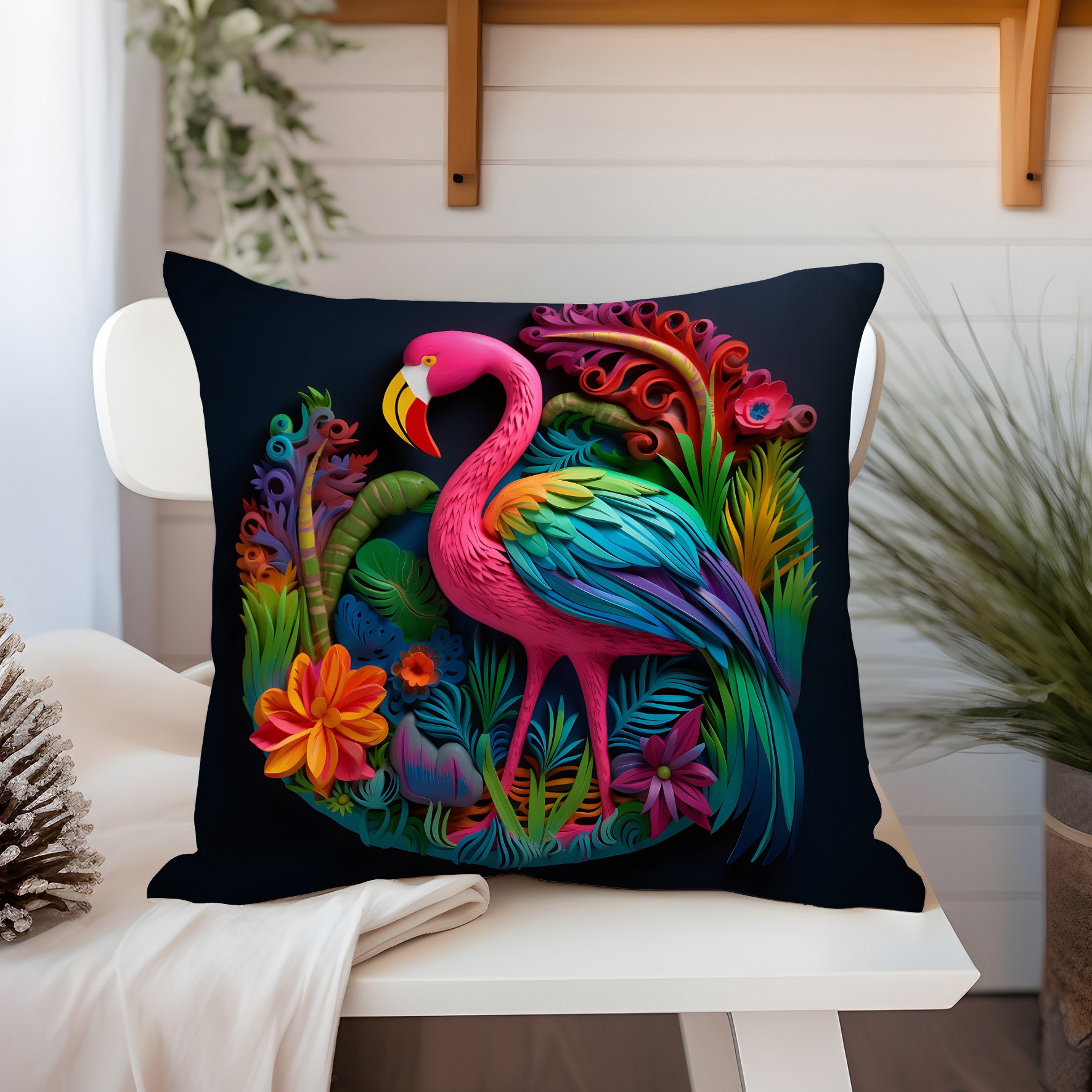 3D Flamingo Temalı Kırlent Paneli Dikilmemiş Kumaş