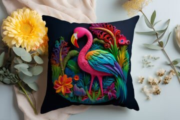 3D Flamingo Temalı Kırlent Paneli Dikilmemiş Kumaş