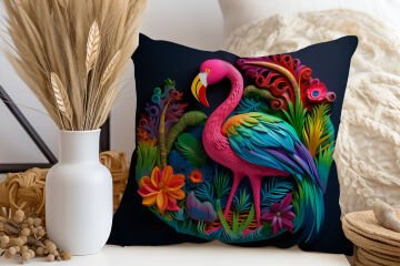3D Flamingo Temalı Kırlent Paneli Dikilmemiş Kumaş