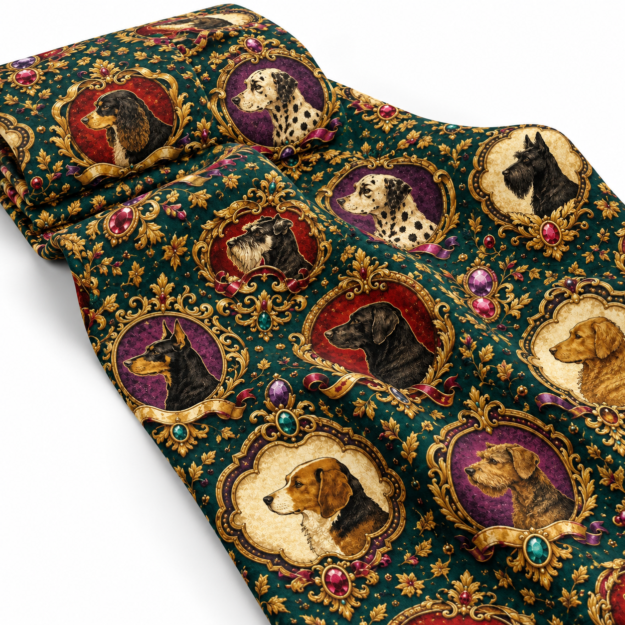 Barok Köpek Portreli Kumaş – Zümrüt Yeşili Gold Vintage D-LEG-1996
